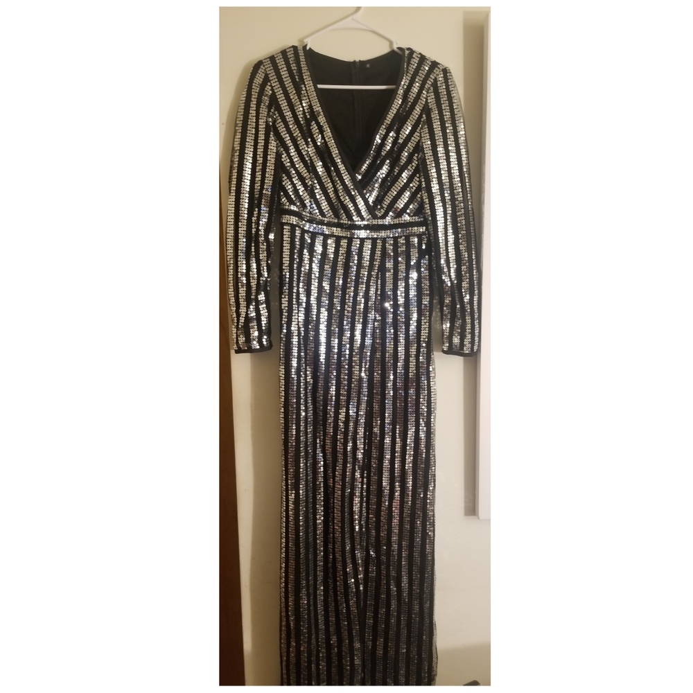 Black and Silver Sequined Long Dress